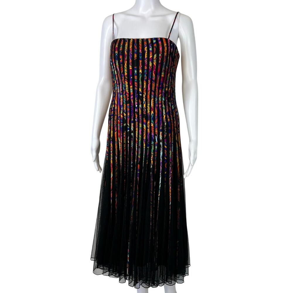 JS Collection Bright Floral Patterned Accordion Draped Black Mesh Midi Dress L